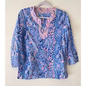 Lilly Pulitzer Shirt Womens XS Amelia Island Tunic Top Blue Pink